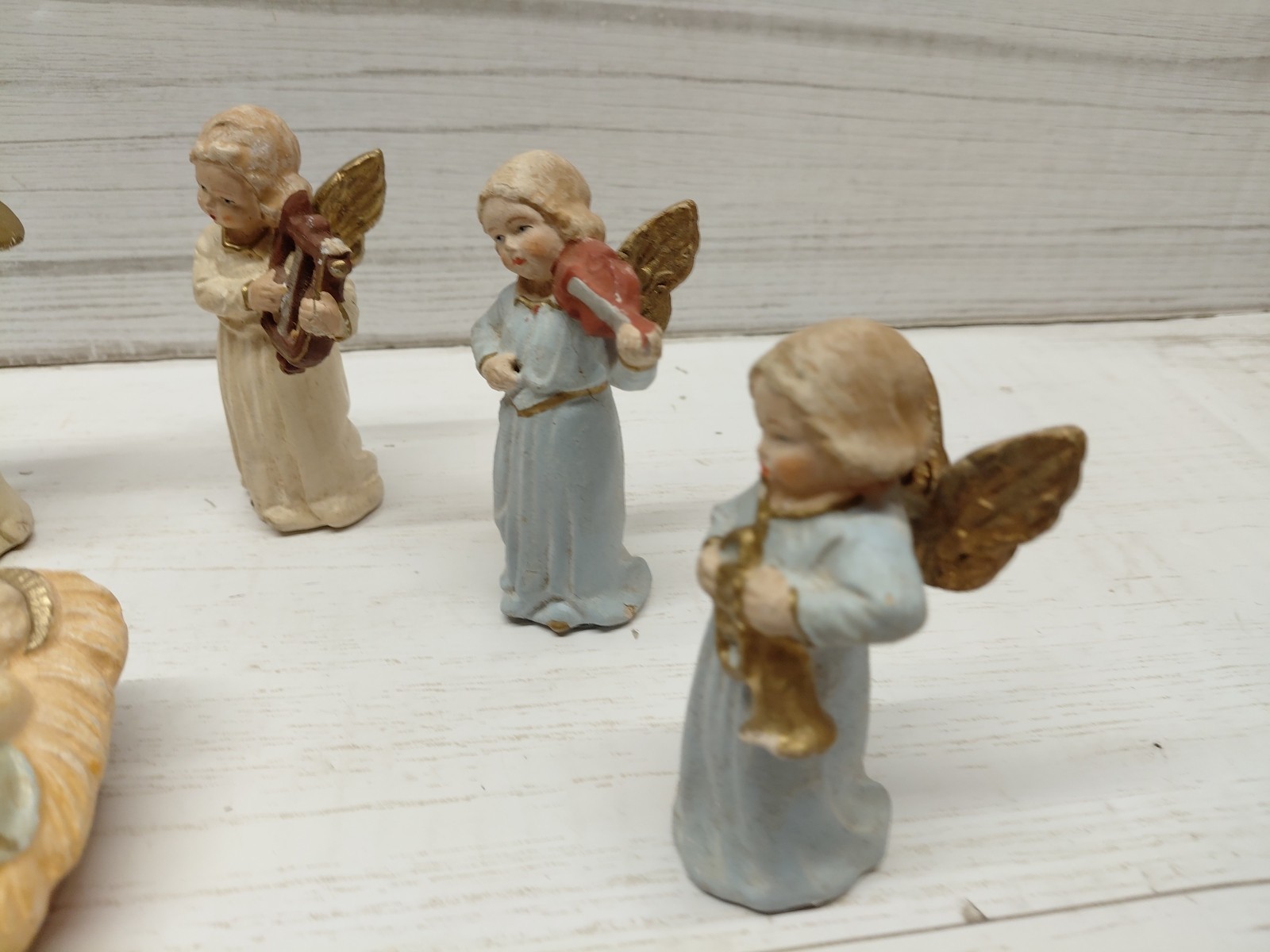 Vintage Set of 6 Angels Playing Instruments Resin? Made in Germany US Zone AS IS