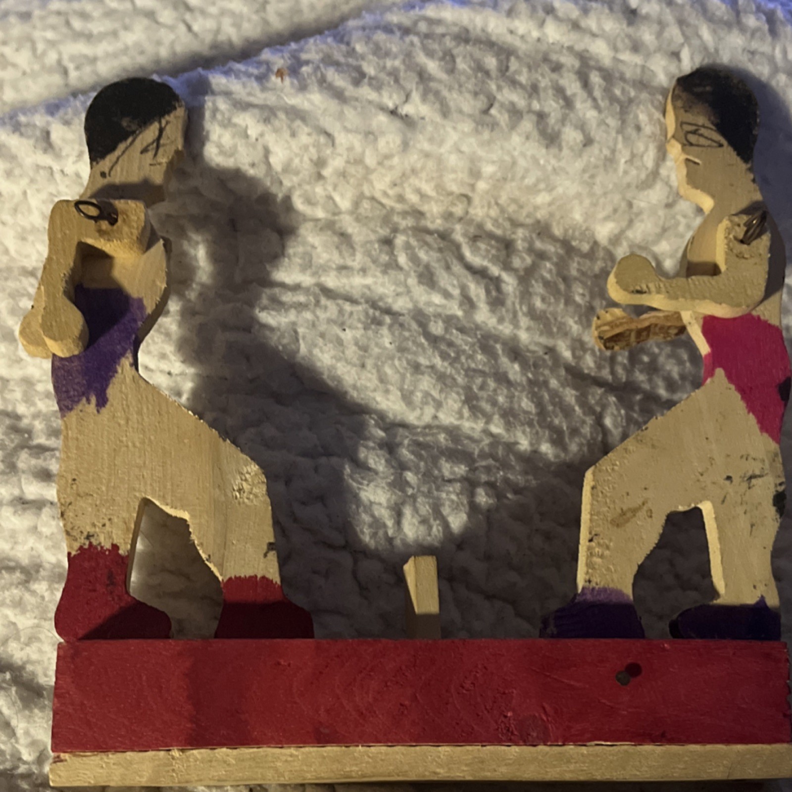 Handcrafted Hand-Painted Wooden Boxing Posable Figure Sculpture Beige Red Purple