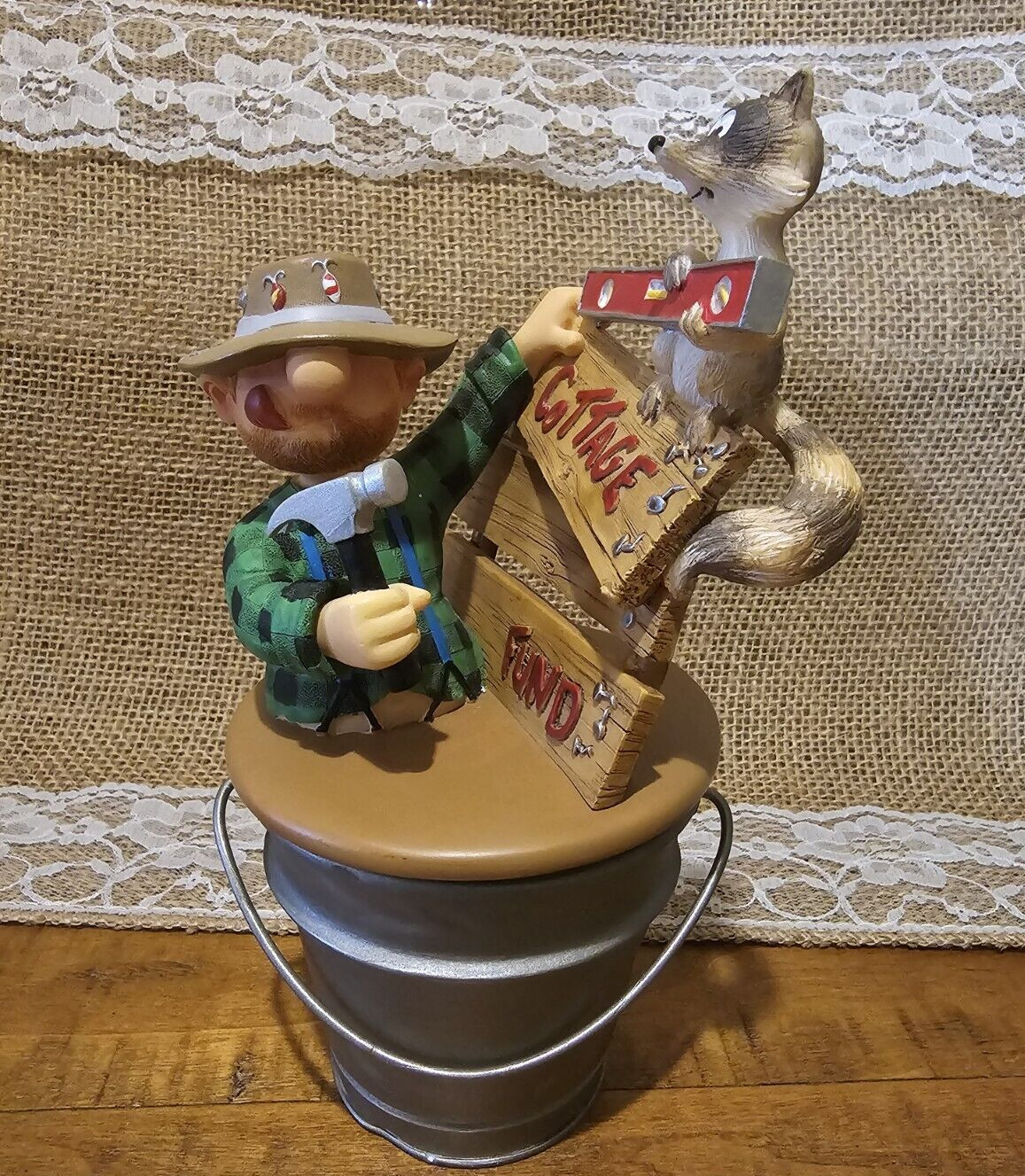 Outside Inside “Cottage Fund” Storage /Desk Figurine With Handyman / Racoon