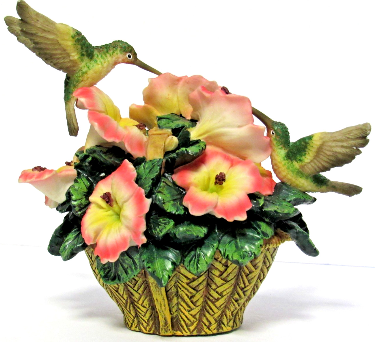HERITAGE HOUSE “HUMMINGBIRDS ON FLOWER BASKET” ~ (5.25″ TALL) ~ ** PORCELAIN **