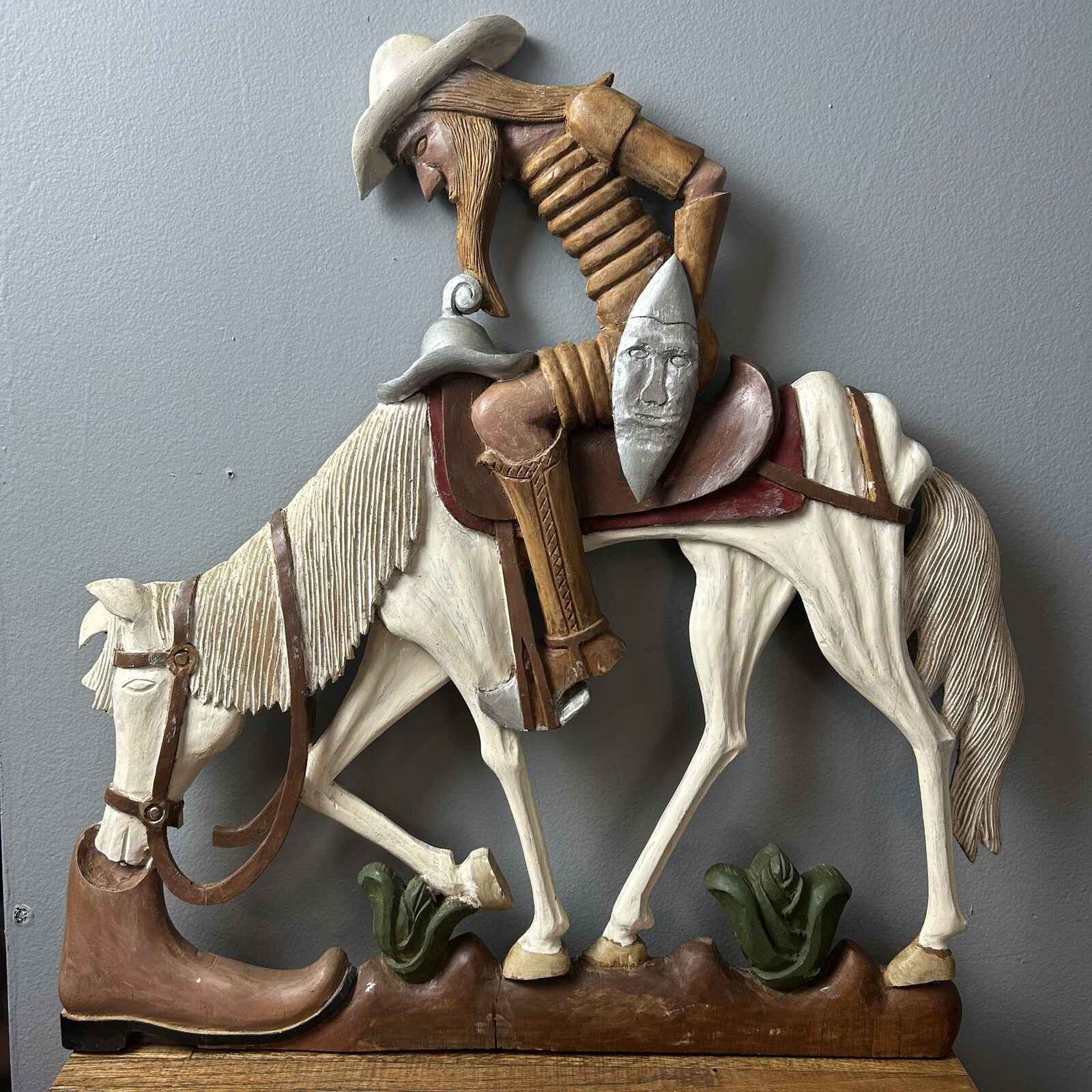 Vintage Antique Colorful Hand Carved Don Quixote Wood Wall Art 20” X 22”