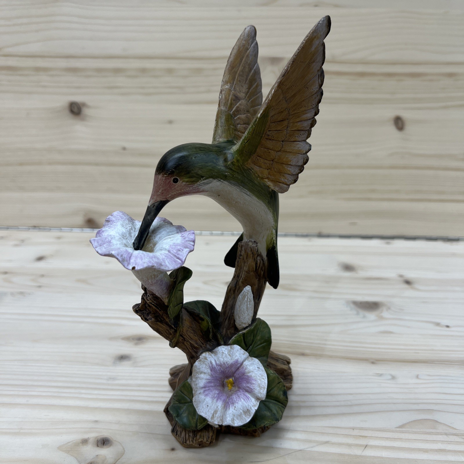 Hummingbird Figurine Purple Morning Glory Resin Faux Wood Look Statue 8.5″ Tall