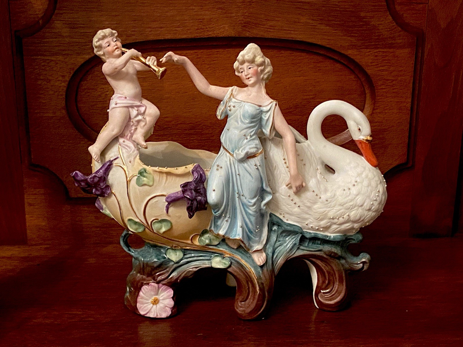 2 German Vintage Bisque Cherub Swan Lady Porcelain Planters 2373 Antique