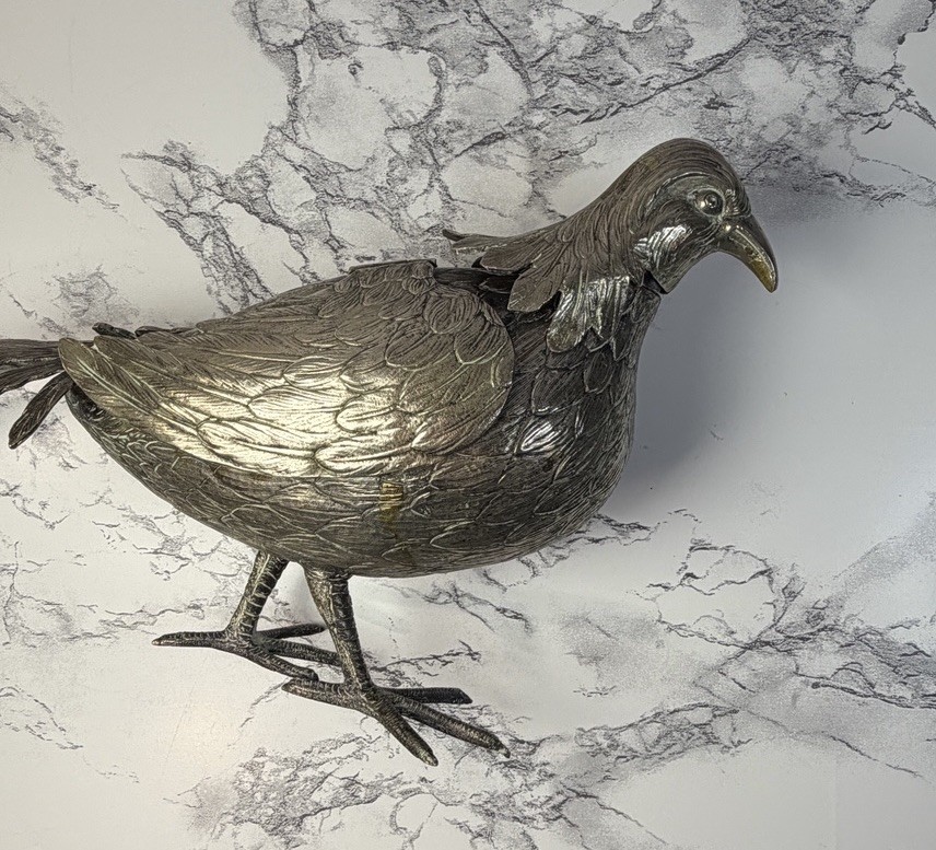 German Metal Pheasant Decanter Figurine Hinged Wings Stamped Germany Alpacca