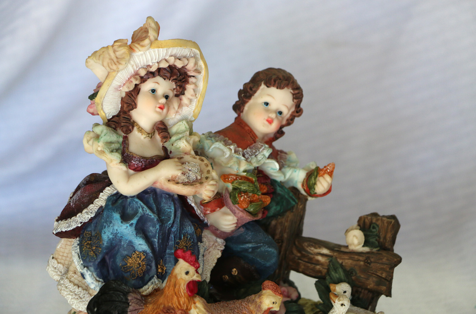 1700’s Baroque Rococo Style Resin Figurine Girl & Boy Feeding Chickens