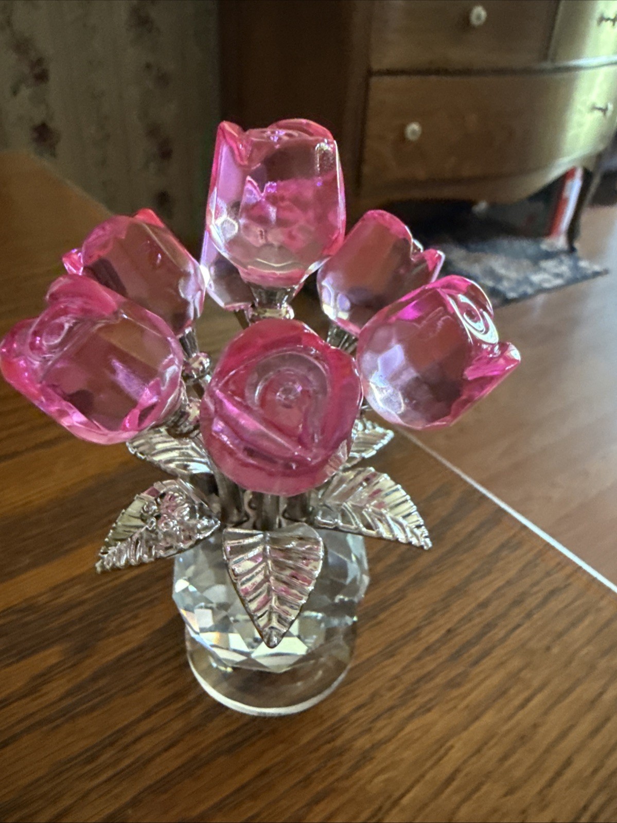 Beautiful Handcrafted Pink Roses Crystal Figurine Vase/elegant Table Decor