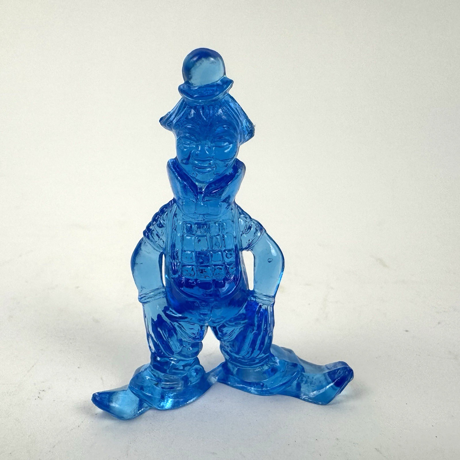 4 Vintage Clear Plastic/Lucite Circus Clown Figurines Pink Blue Red Purple