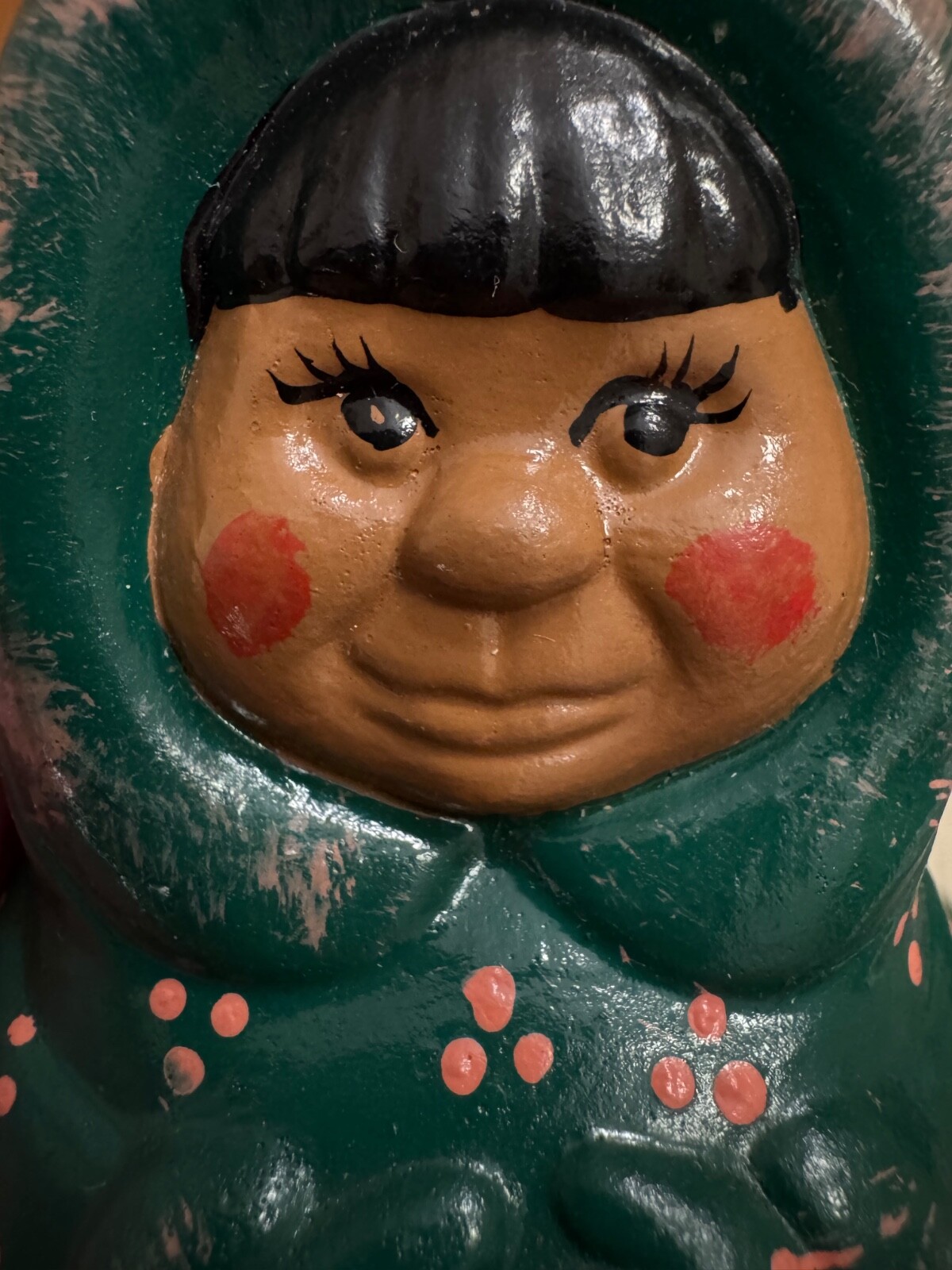 Vintage FIGURINE INUIT ESKIMO Ethnic boy Hand painted Green Suit signed