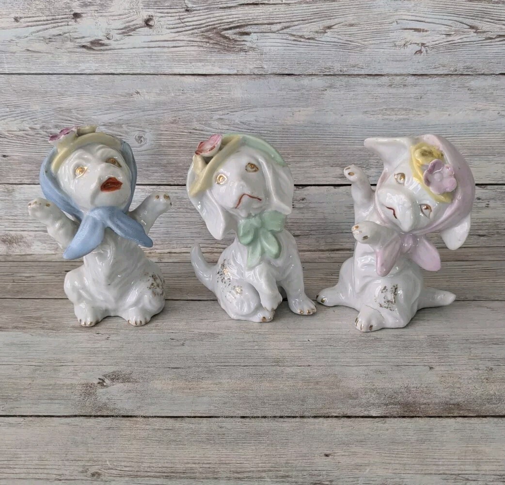 Vintage Anthropomorphic White Puppy Dogs In Floral Hats Set Of 3 Kitsch Spring