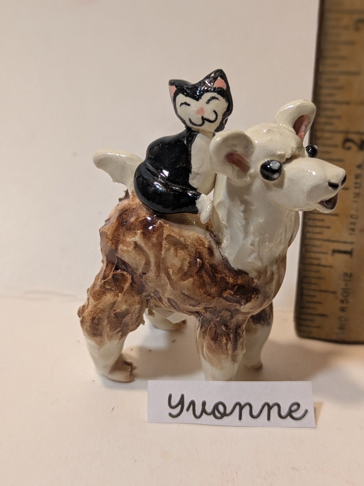 Funny Fluffy Yvonne Llama & Feline Friend, Handmade Figurine by Amy Lacombe