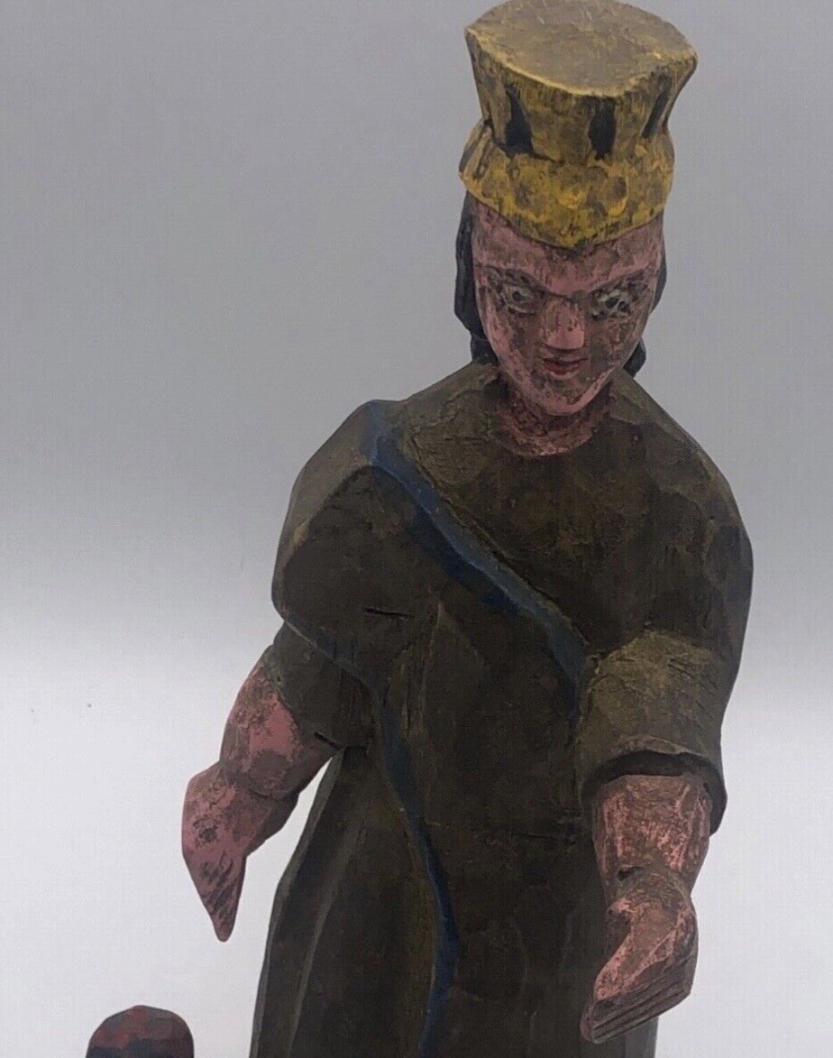 Santa Catarina Brazil Vintage 12.75” Hand Carved Wooden Crowned Figure With Imp