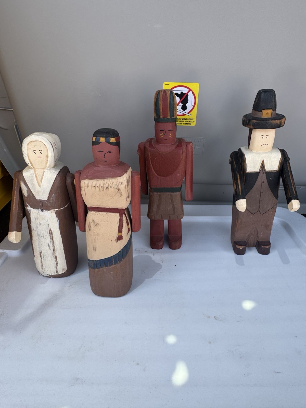 Yol Cihir Bloomal USA Pilgrim Figurines Set of 4 Wood Hand Painted Signed 1994