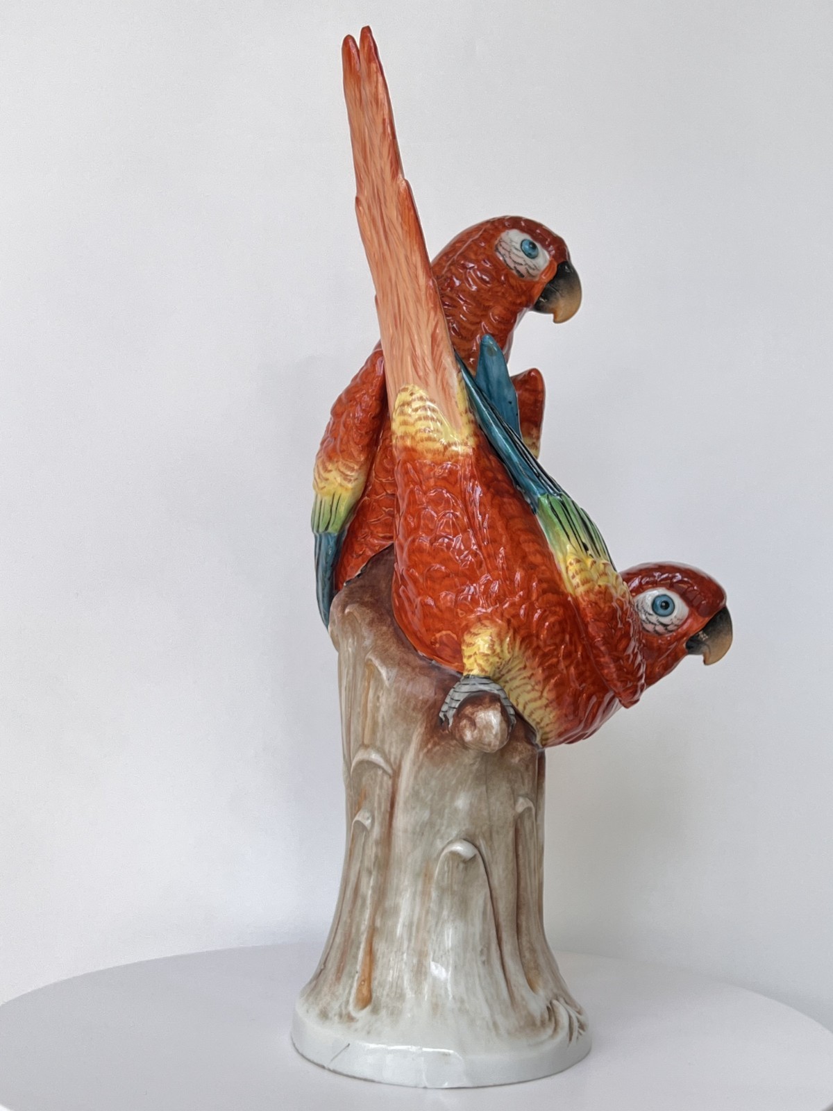 Antique Porcelain Bird Figurine Red Macaw Parrots Sinzendorf 1918 13″ High