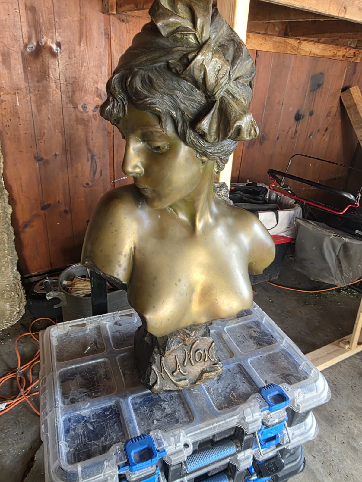 Bronze-Tone Metal Woman Bust Sculpture Figurine with Base, Art Decor Any Room