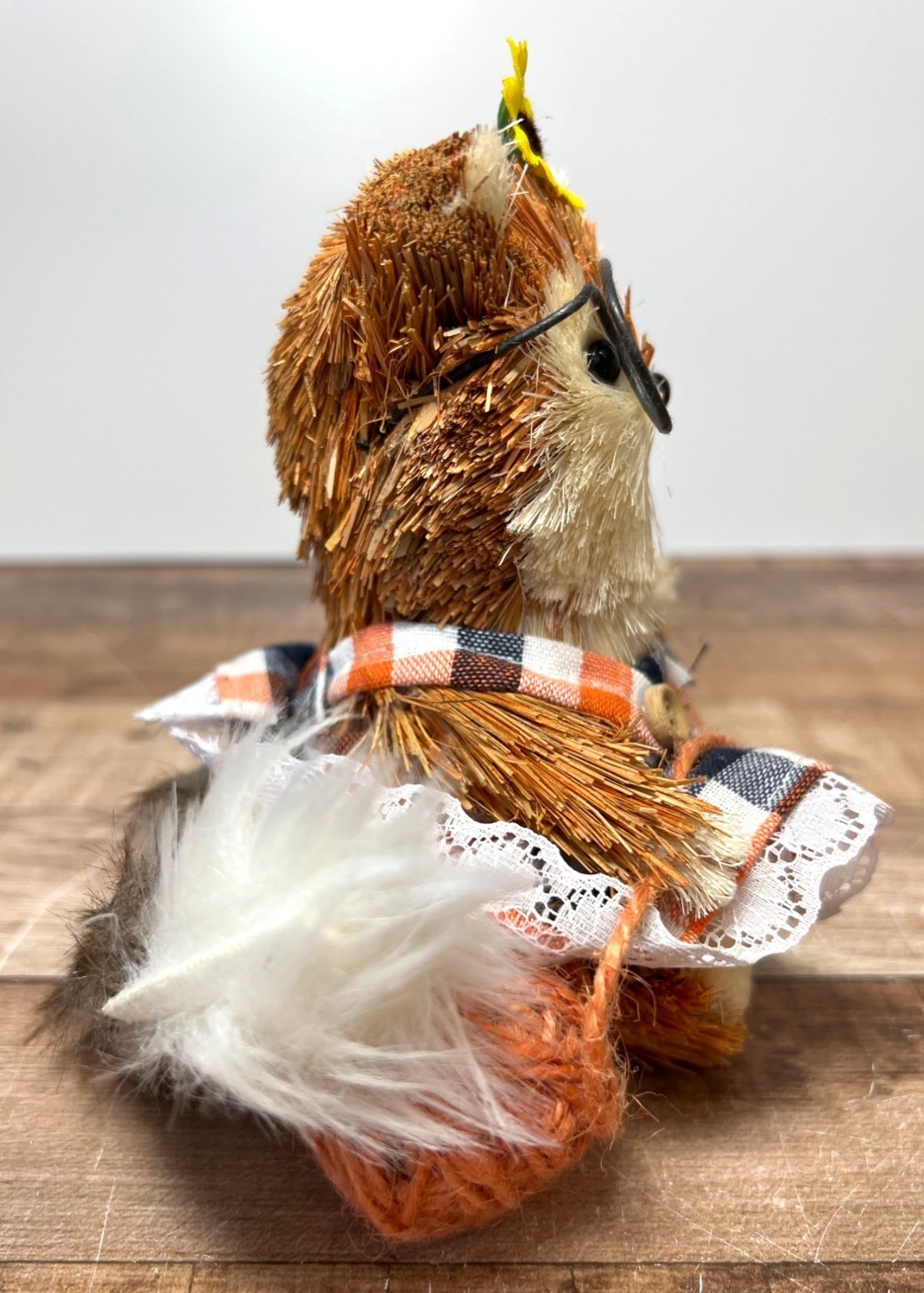 Handcrafted Woodland Hedgehog Figurine With Decorative Plaid Dress & Sunflower