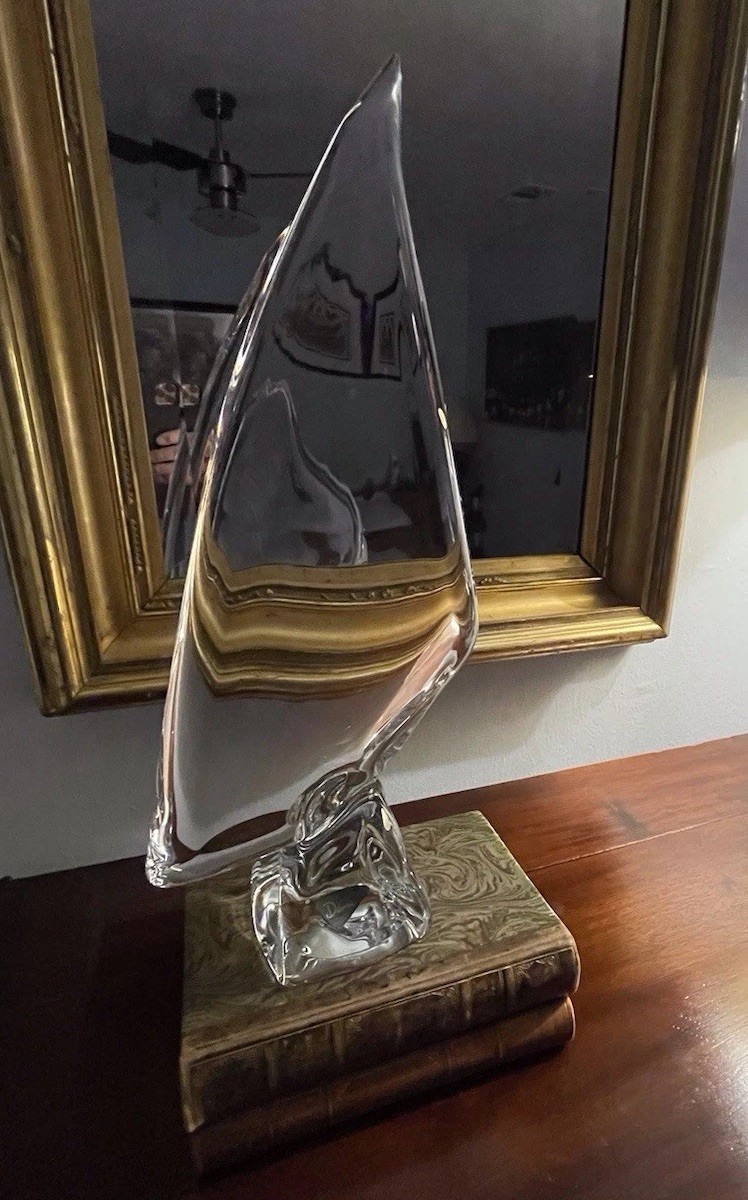 Daum Crystal Sail Sculpture, Label & Signature -Base 21h x 11” Perfect Condition