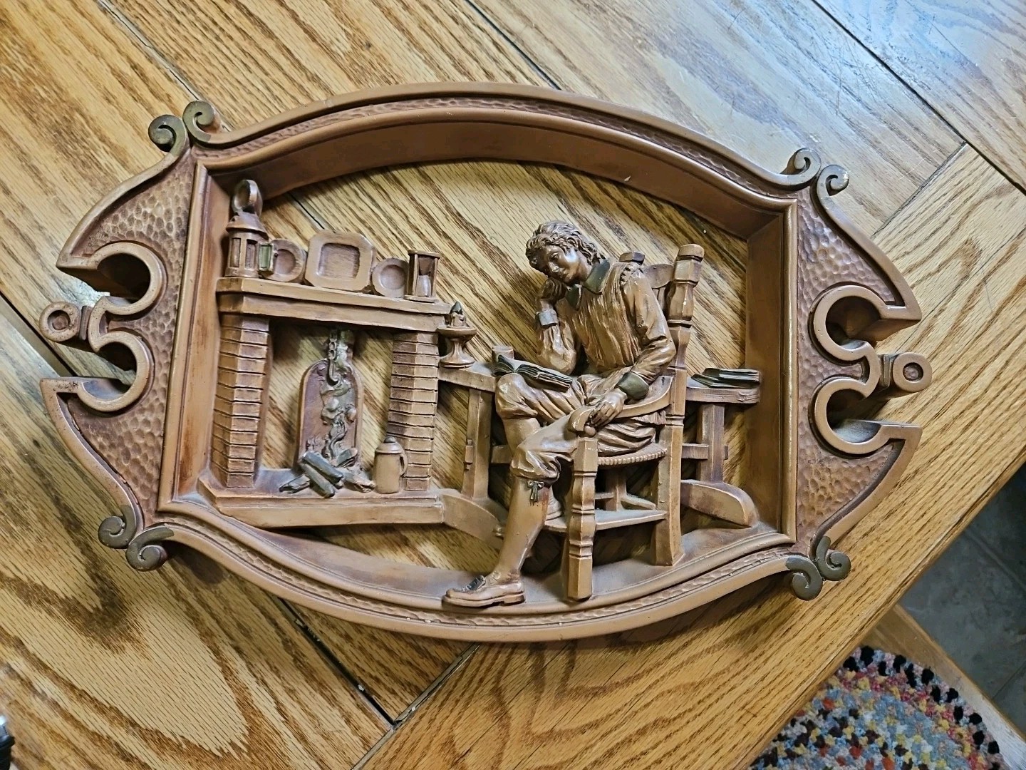 1960s Heavy Chalkware Plaster Pilgrim Boy And Fireplace Original Signed