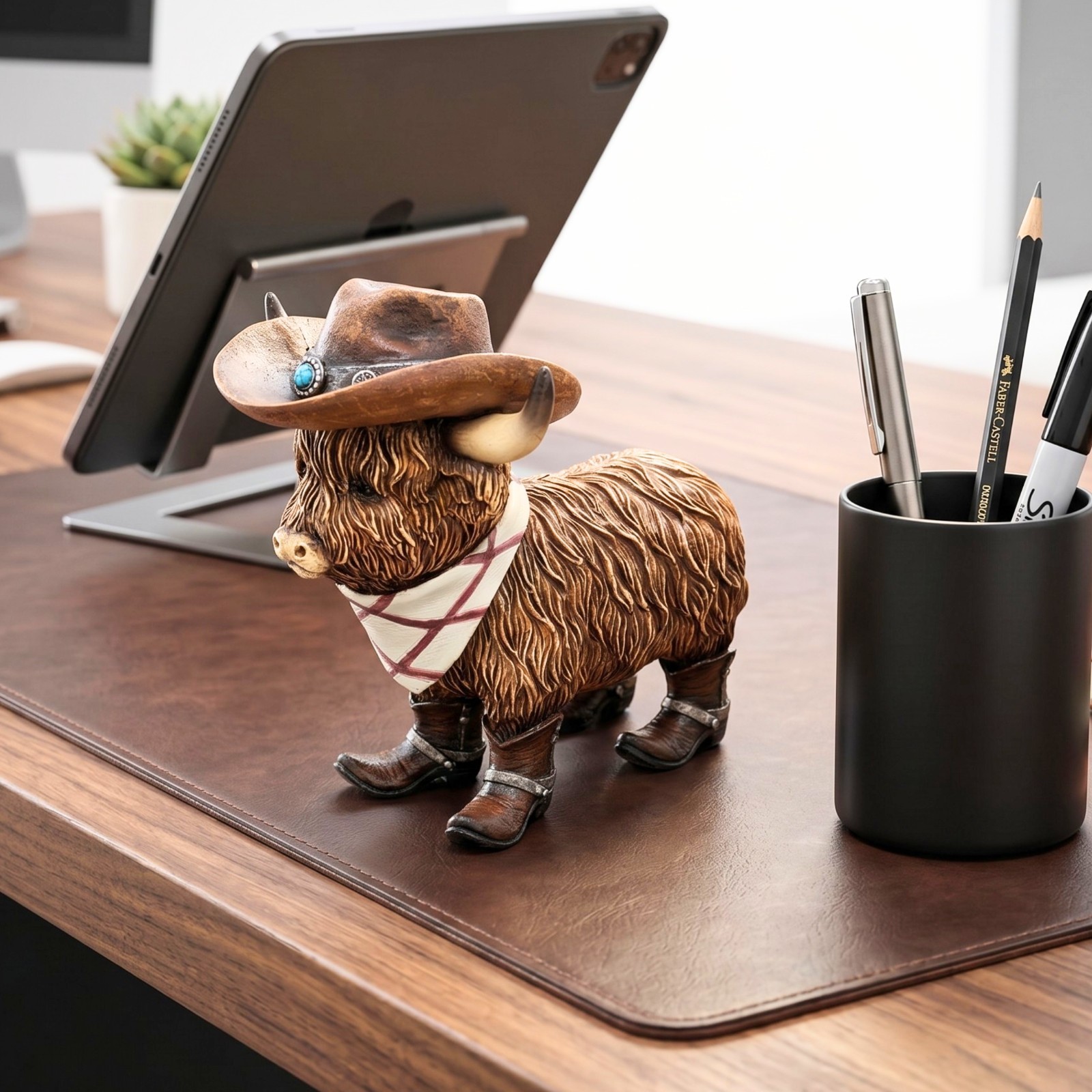 Western Cowboy Highland Cow Figurine – Rustic Resin Cow Statue with Hat & Boots
