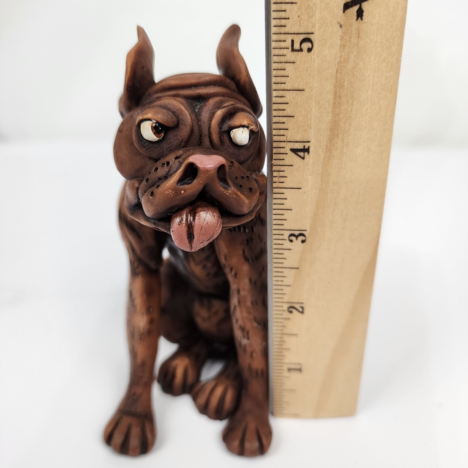 Weird Ugly but Cute Brown 5″ Boxer Dog Sitting Resin Detailed Unbranded Unique