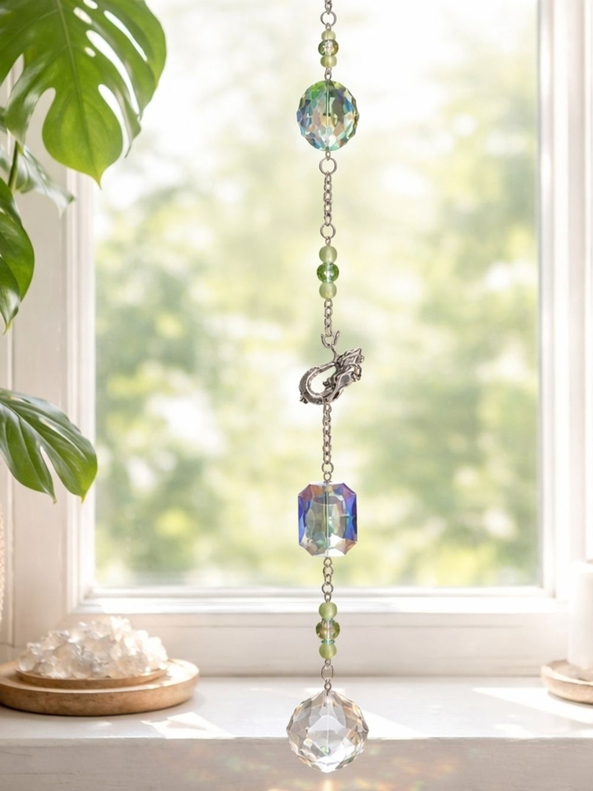 Crystal Suncatcher with Green Accent Beads And mermaid Charm
