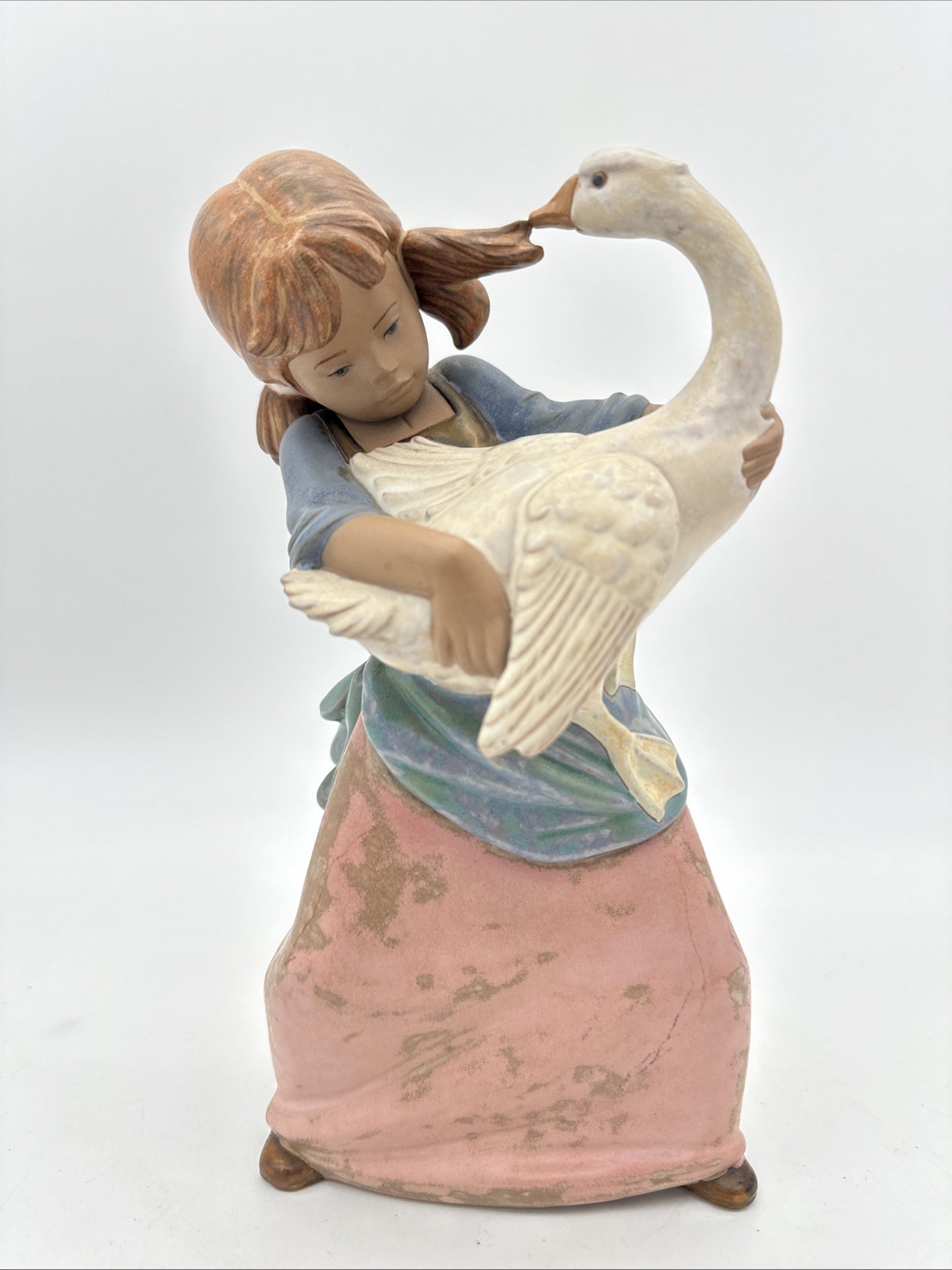 Lladro 1970’s Gres DUCK PULLING PIGTAIL GIRL #2095 Matte Finish 9.5″ Tall
