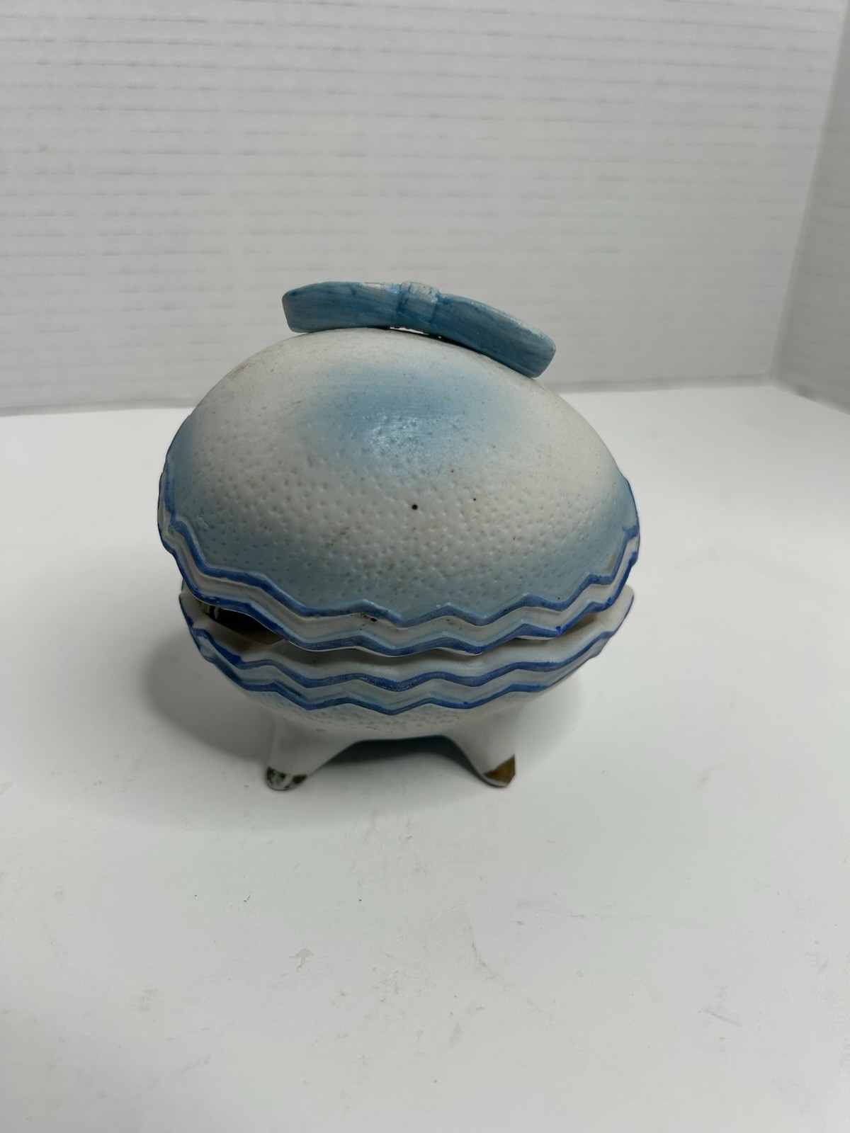 Blonde Blue Eyed Baby Figurine VTG Orleans Blue Ceramic Footed Egg W/ Pink Roses