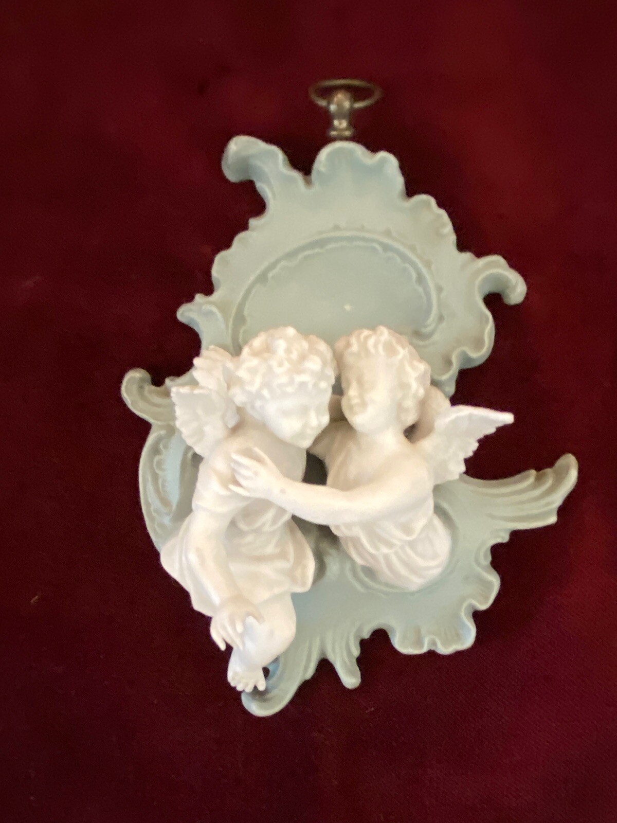 Vintage Green German Jasper Ware Cherub Plaque 6”