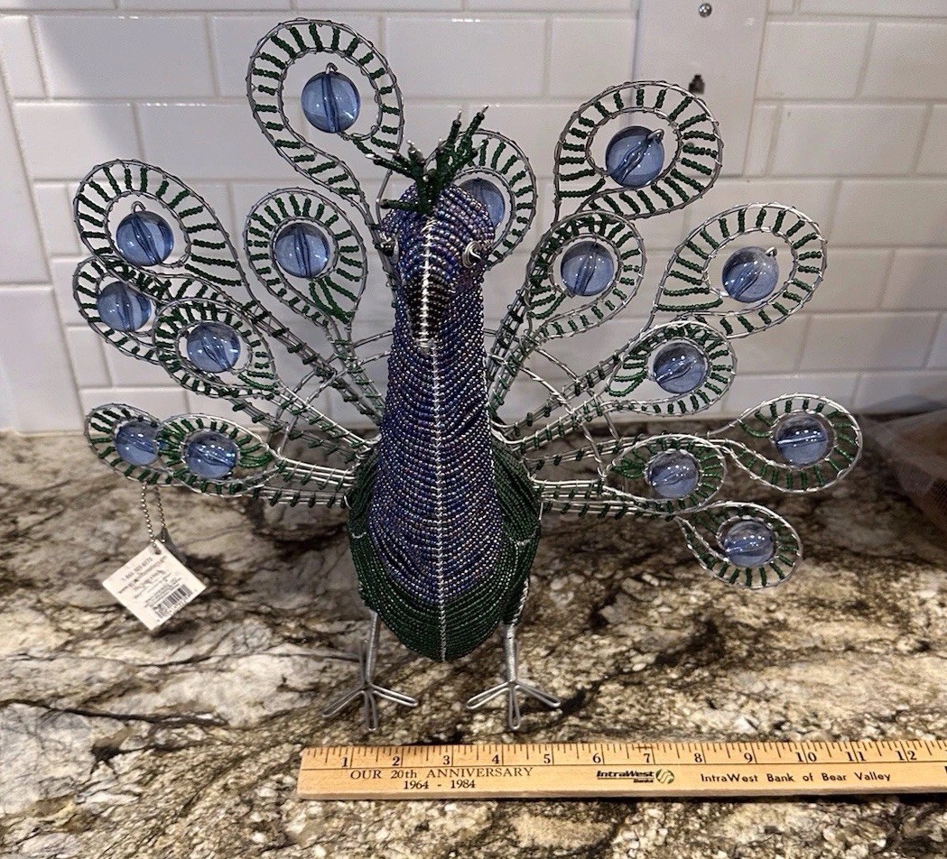 Beadworx Beaded Peacock Figurine Wire Glass Beads Art Freestanding Bird 16×13