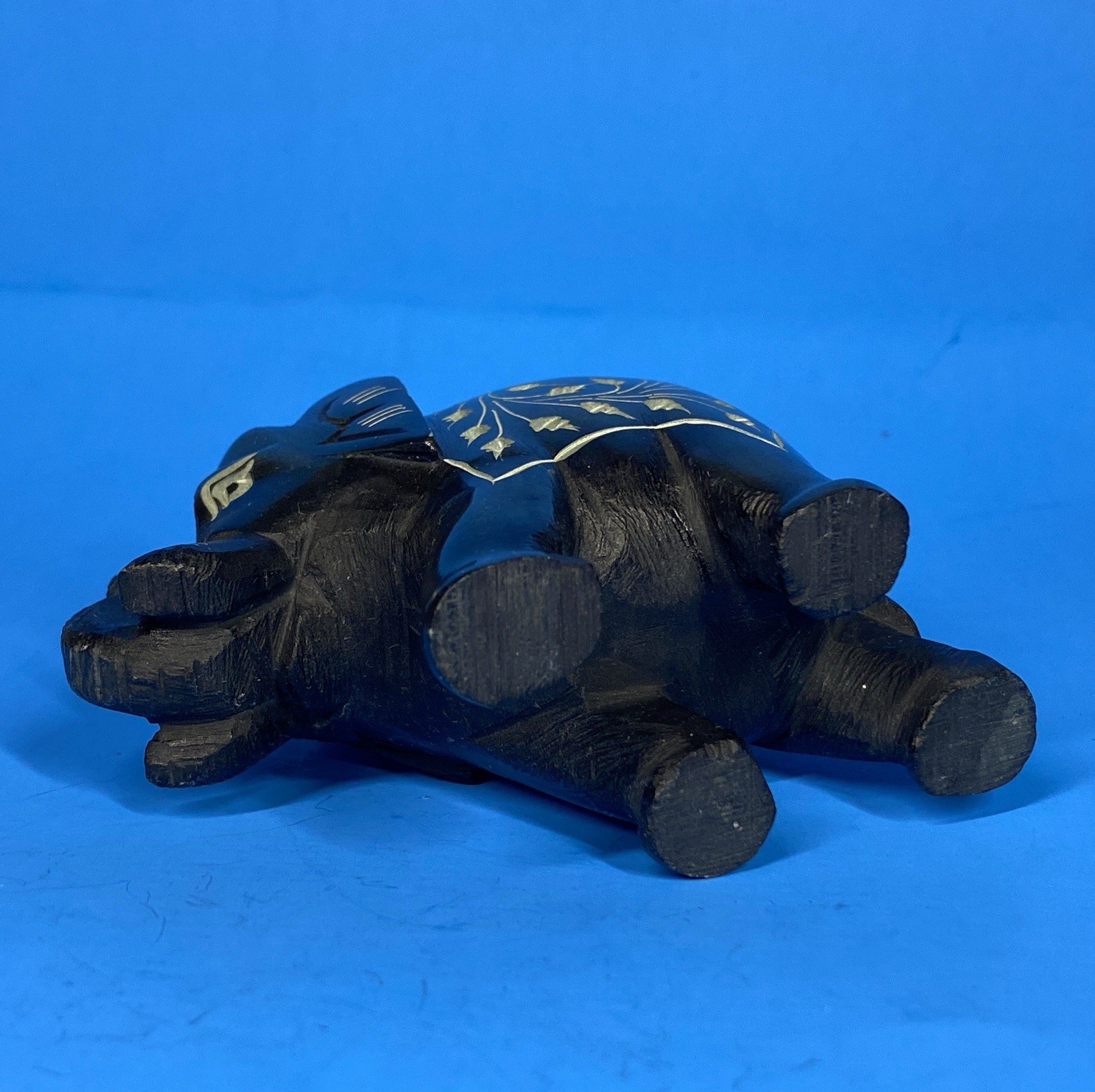 Vtg Carved Onyx Elephant Statue Figurine Trunk Up Heavy Black Stone 3″ x 3.5″