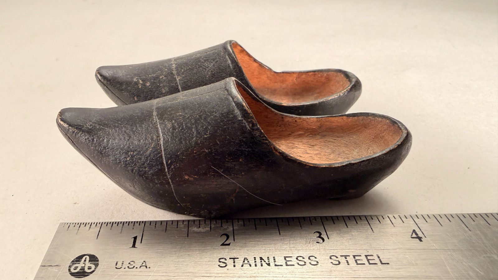 Unique Pair Of Miniature Hand Carved Wooden Clog Shoes 4” Long. 1 1/2” Tall.