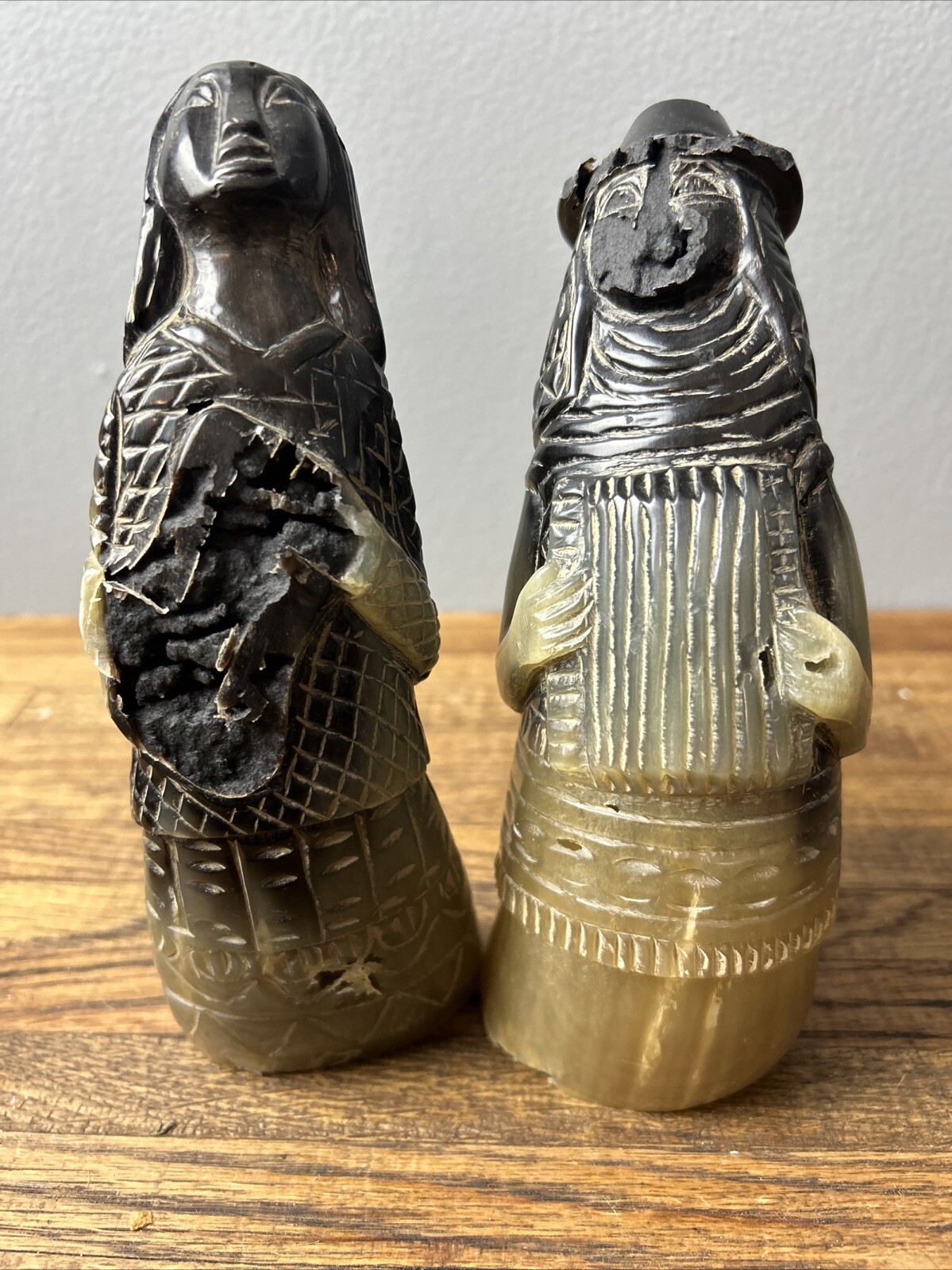 Vintage Handcarved Figures Of Male And Female 7 Inch Buffalo Horn ￼