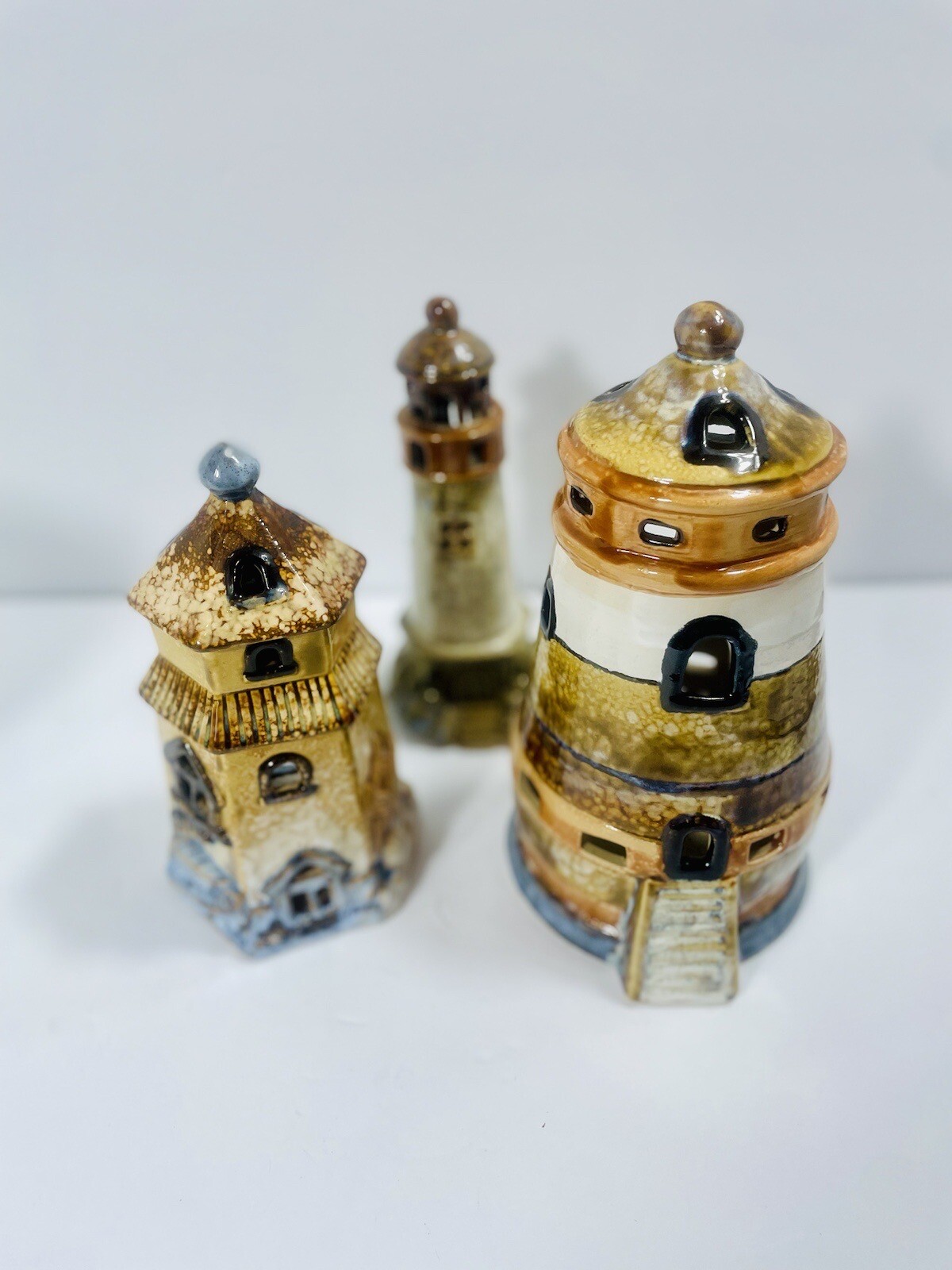 Lot Of 3 Ceramic Historic Lighthouses 2 Hold Candles