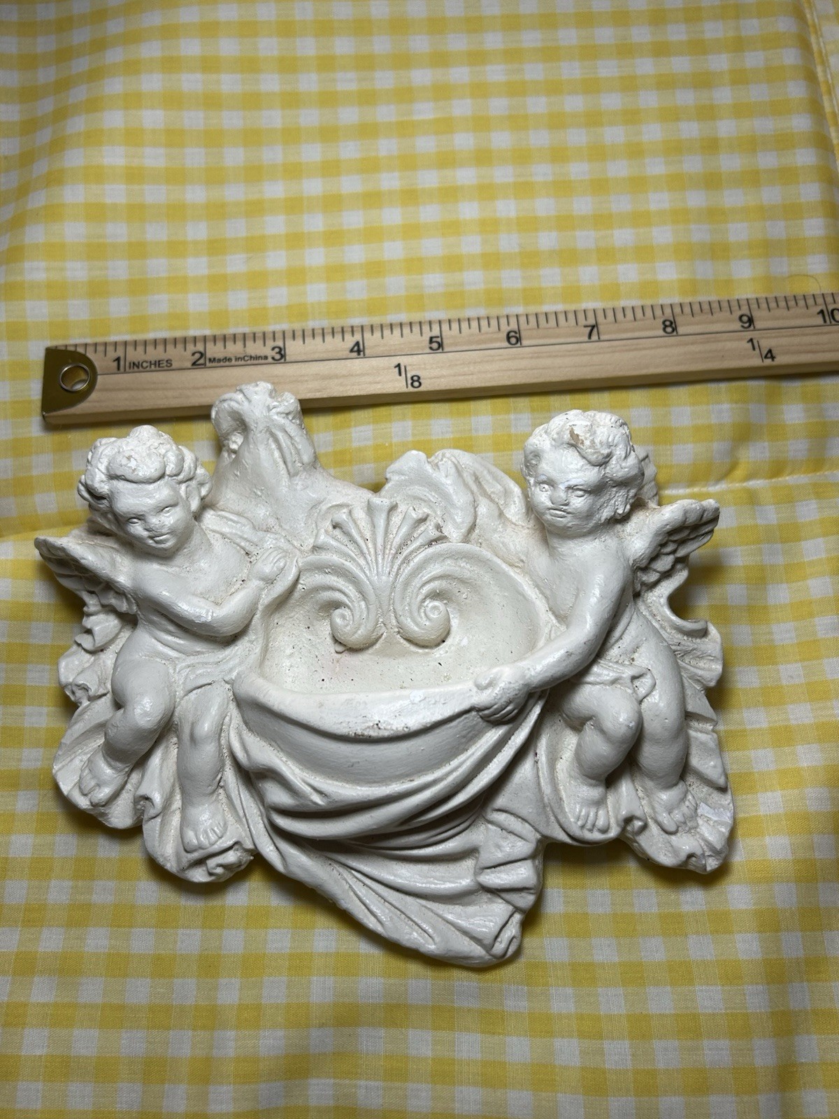 Wall Pocket Two Cherubs Hanging White Plaster Plaque Vintage Decor