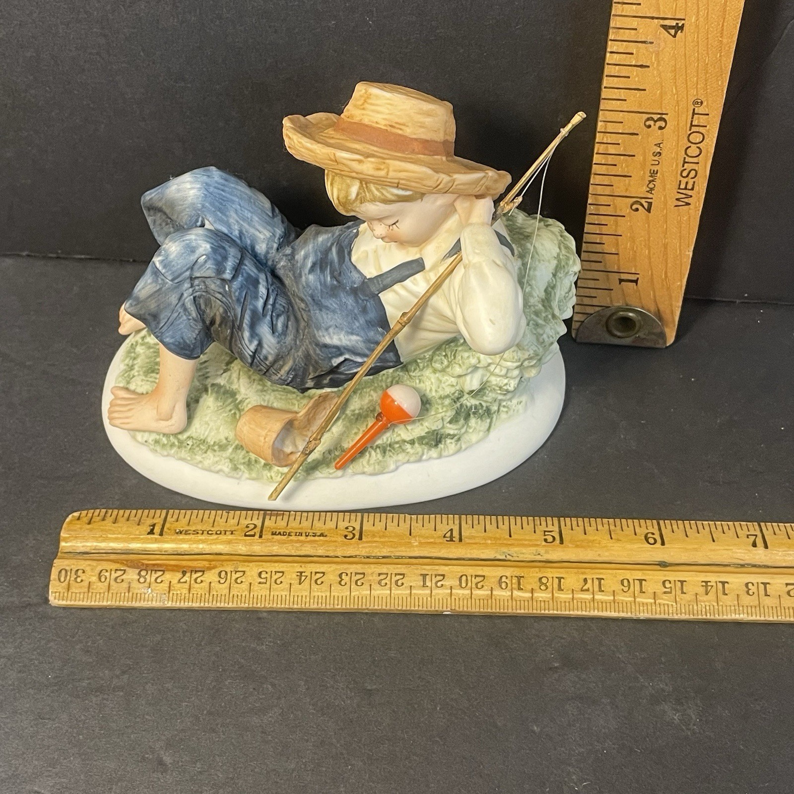 Lefton Bisque Figurine KW3839 Napping Barefoot Boy Fisherman In Overalls Vintage