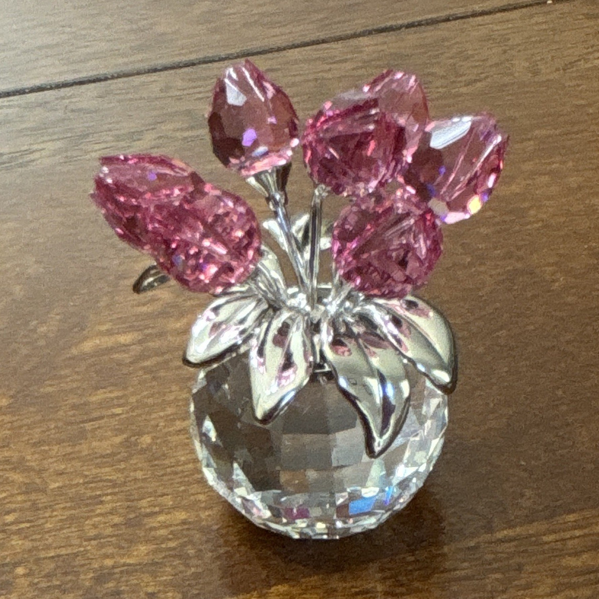 Pink Faceted Crystal Flower Figurine, Metal Leaves, Clear Crystal Base, 1 Pack