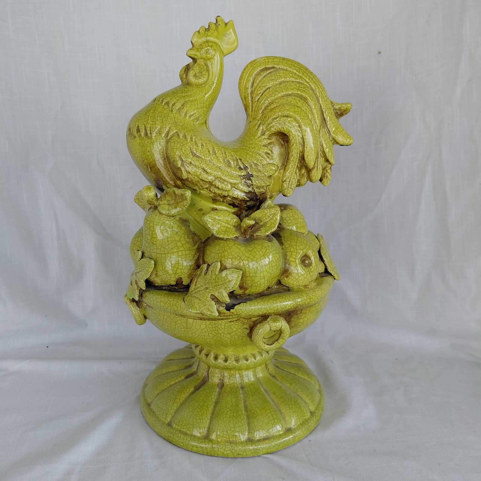 Vintage GIANT 1960’s Folk Art Ceramic Green Rooster Majolica Glaze Pottery 1of1