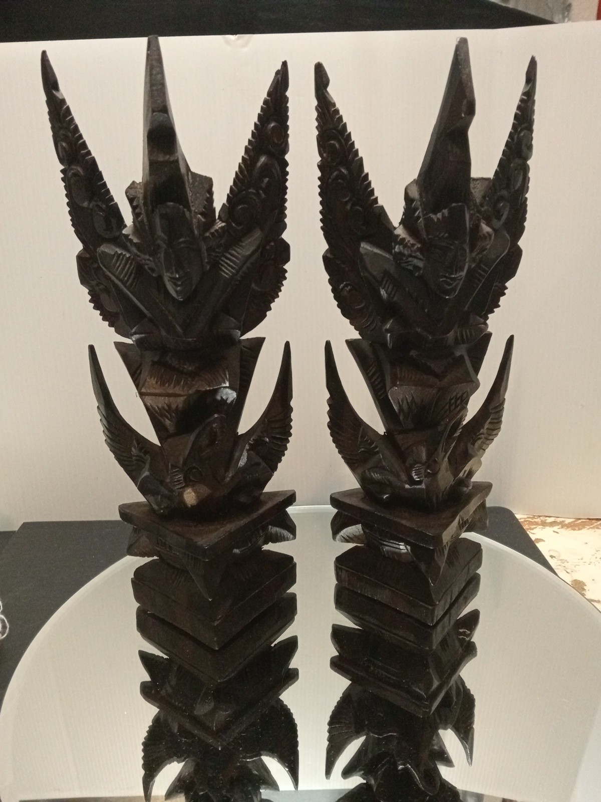 Vintage Rosewood hand carved wooden hindu vishnu on garuda bird 28cm Pair VGC