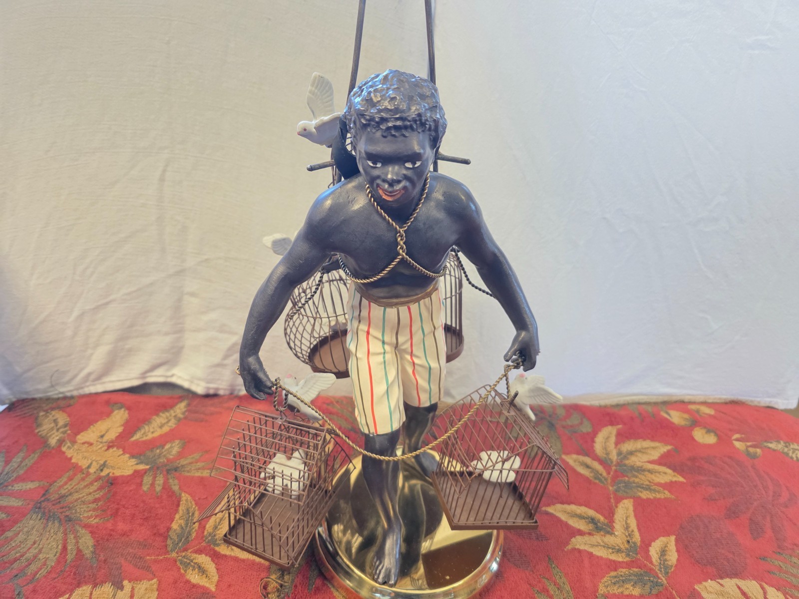 Vintage Petite Choses Birdcage Seller Statue 14″ Black Americana Bronze Figure