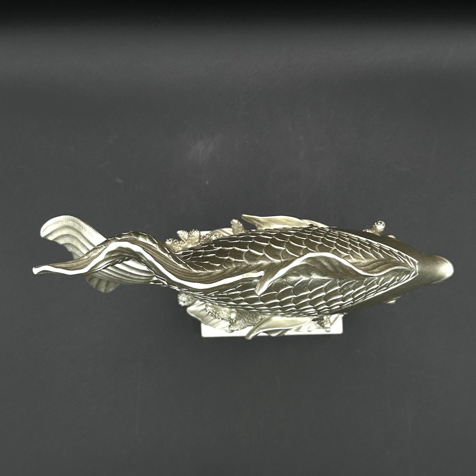 Vintage Silver Metal Fish Statue on White Wood Base Coastal Nautical Decor