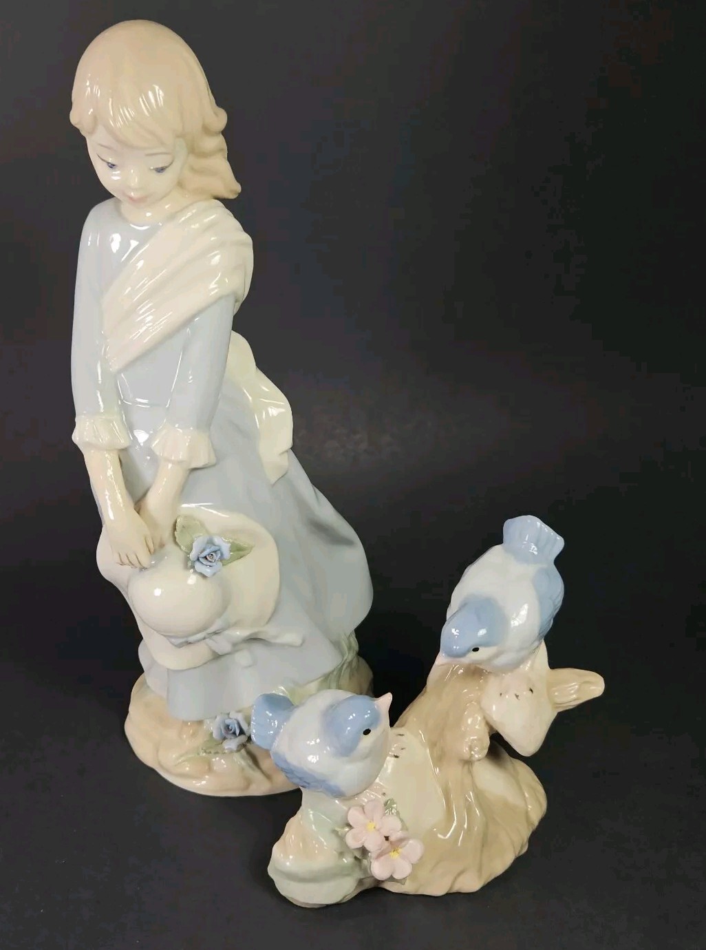 Vtg Handpainted Ceramic Figurines Blue Birds Beautiful Lady Hat Flowers Signed