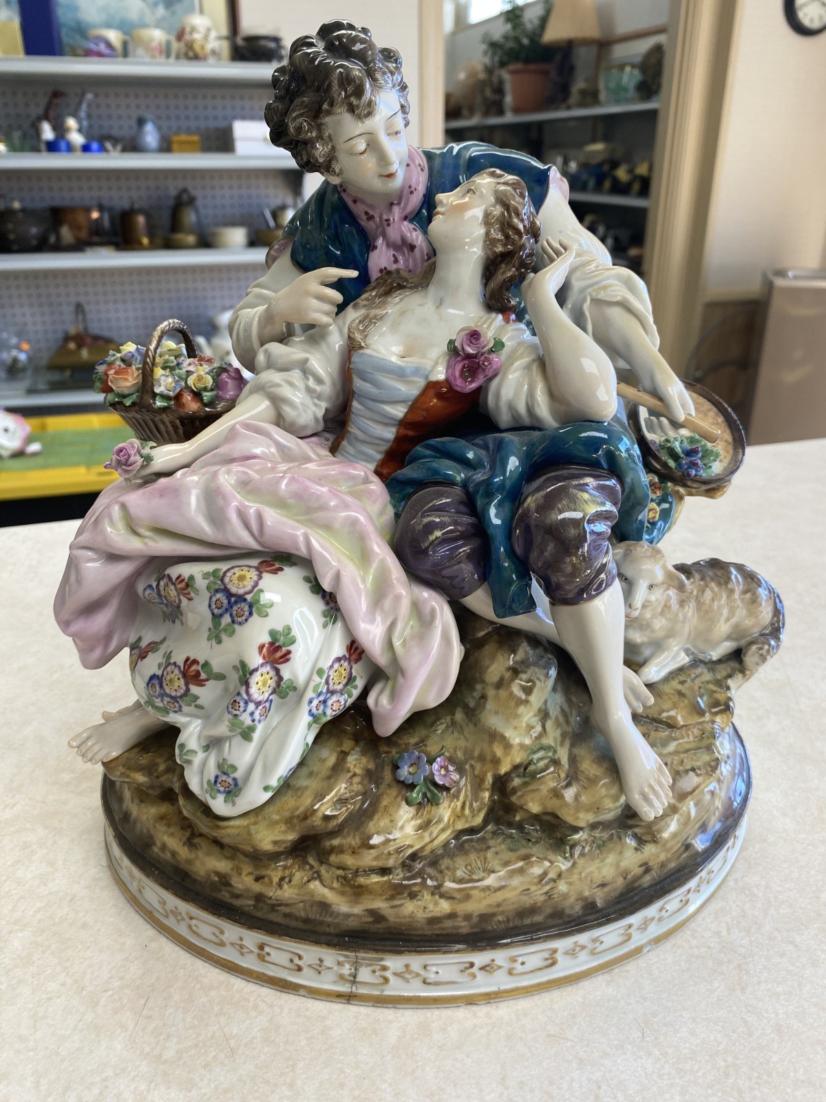 Oldest Volksstedt Porcelain Factory. Antique porcelain figurine of young lovers