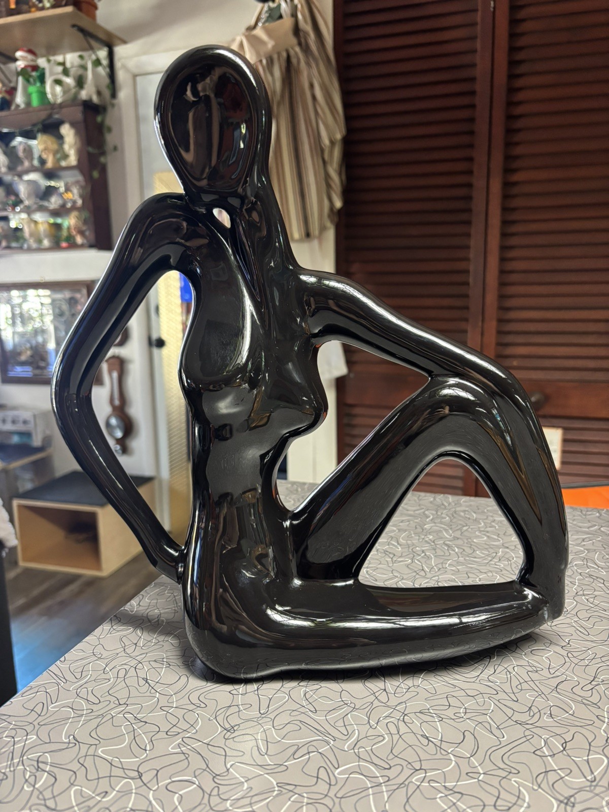 MCM Nude sculpture glazed ceramic statue black art deco lady posing Decor