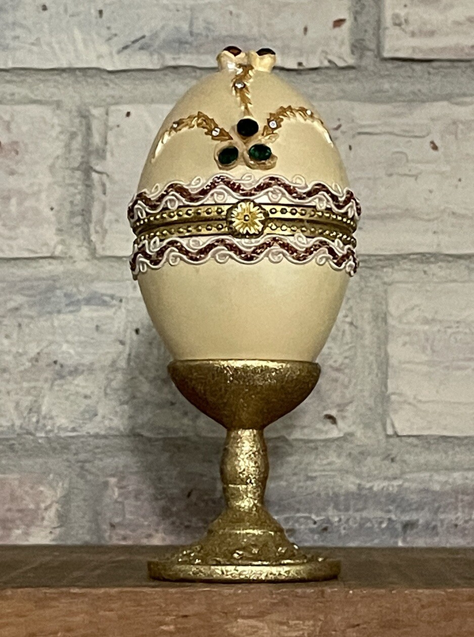 Jeweled Egg Hinged Ring Box Decorated W/Gold Stand Trinket Jewlery