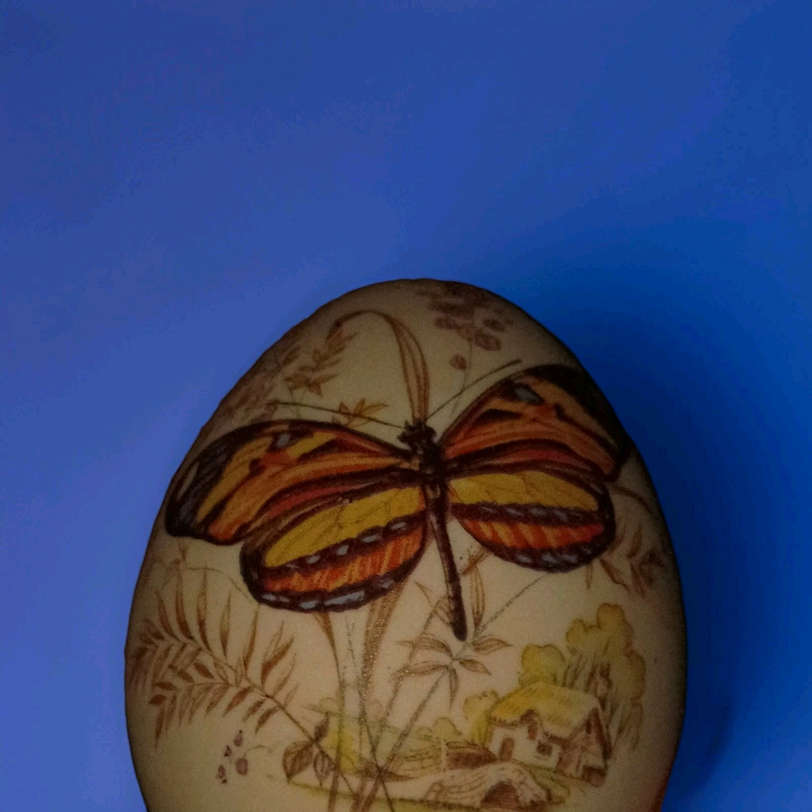 Painted Ceramic Collector Egg Figurine, Beige Multicolor Butterfly Design