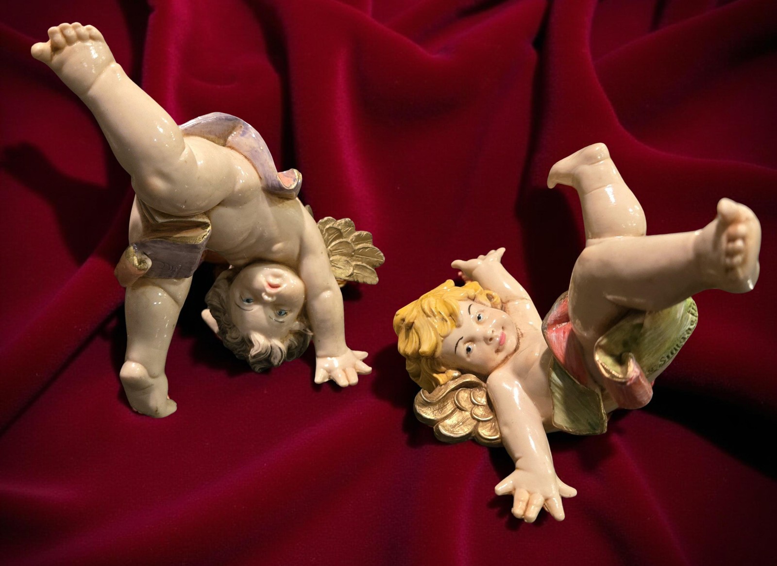 Fontanini Simonetti Italy Tumbling Cherub Angel Figurines Set of 2 Resin Vintage