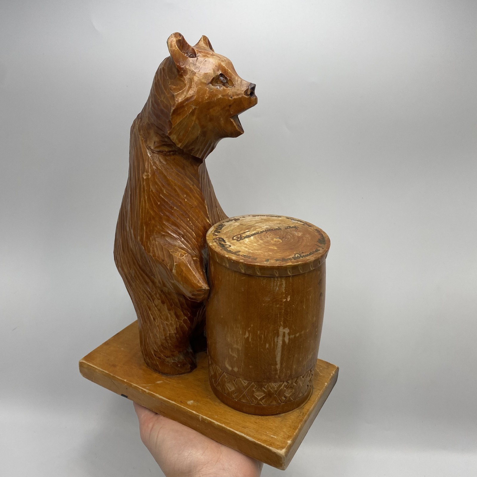 Vintage 1977 Hand Carved Wooden Bear with Barrel Pen Holder Box Folk Art Decor