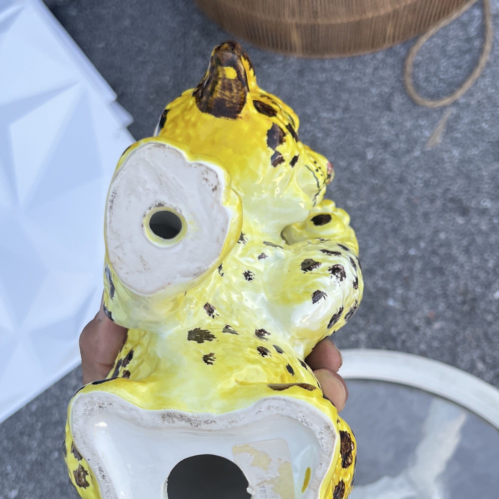 Vintage Ceramic Leopard Figurine Hand Painted Glazed Yellow Black Spotted Animal