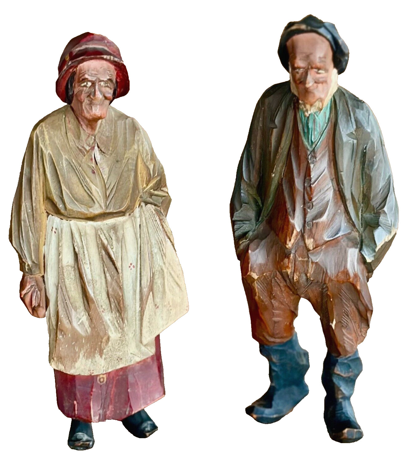Vtg HandCarved Folk Art Painted Wood Old COUNTRY COUPLE Man & Woman Figurines 8″