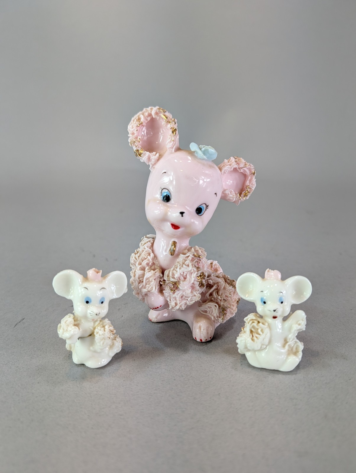 Pink Spaghetti Mouse w/ Babies on leash 1950s Vintage Japan