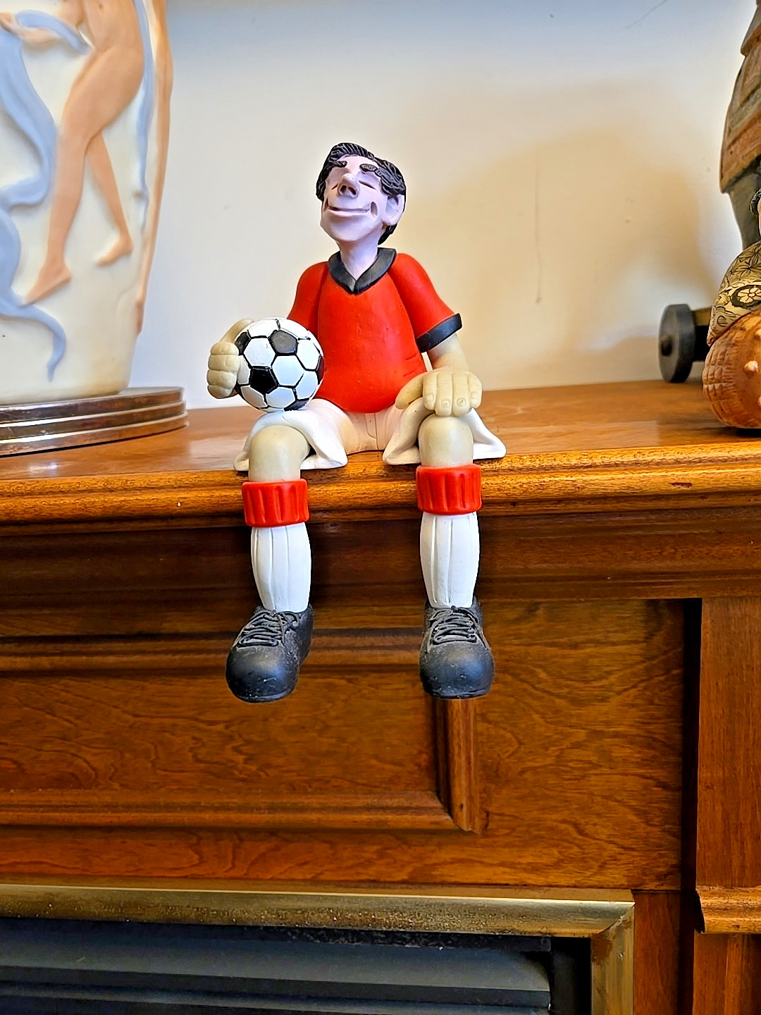 Edge Sitter Figurine • Soccer Player • Handmade Clay Composite – D. Manning